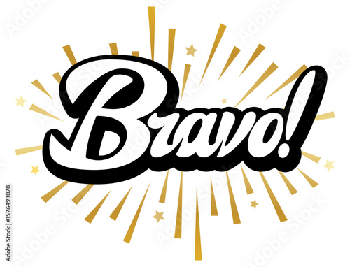 Bold retro Bravo exclamation in white script with golden burst and stars on white background for celebration themes.