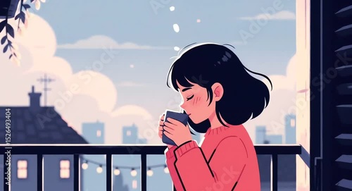 Anime lofi style video of a girl enjoying a hot drink on a balcony with a cityscape backdrop. Cozy, serene scene with steam rising from the cup, creating a peaceful atmosphere.