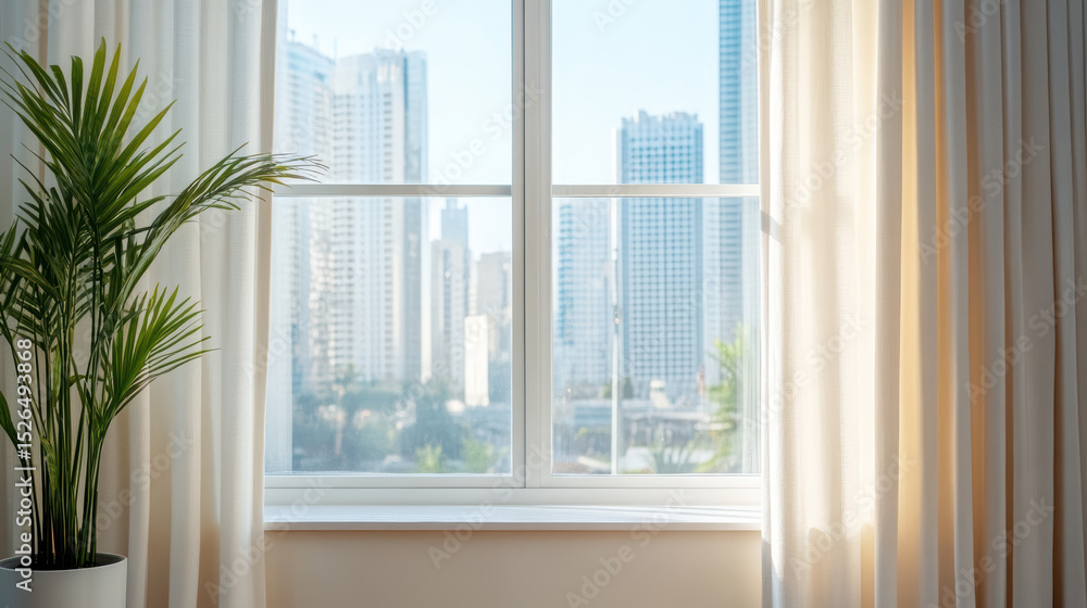Fototapeta premium Bright window view showcasing city skyline with modern buildings and potted plant nearby