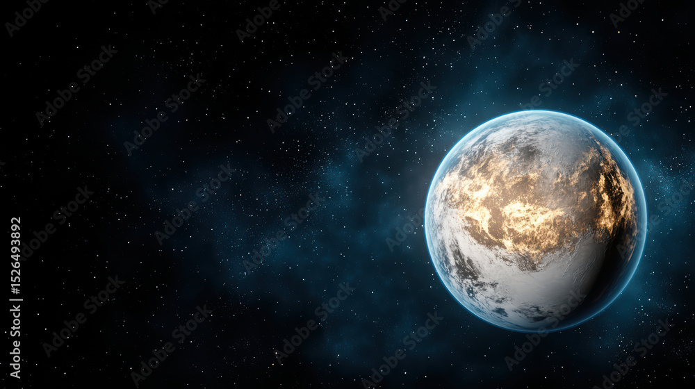 Obraz premium Glowing planet in dark space filled with stars creates captivating cosmic scene