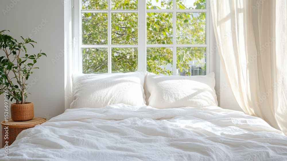 Fototapeta premium Soft neutral palette bedding with crumpled comfort and natural light streaming