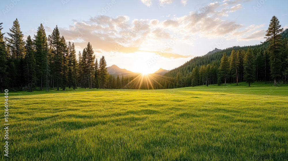 Naklejka premium Serene landscape featuring vibrant green meadow surrounded by tall pine trees, with sun setting