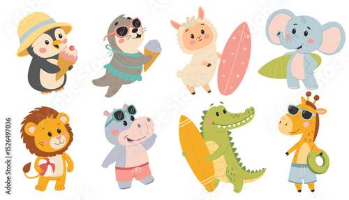 Cute animals set. Summer animals. Penguin, hippo, seal, lion, giraffe, alpaca, elephant, crocodile. Beach vacation. Vector illustration isolated on white background