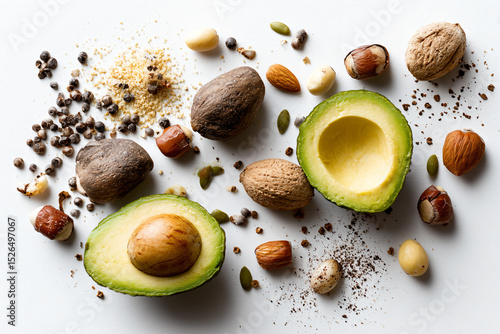 a variety of nuts and avocado on a white surface