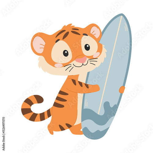 Sticker Cute tiger with surfboard, cartoon vector illustration isolated on white background