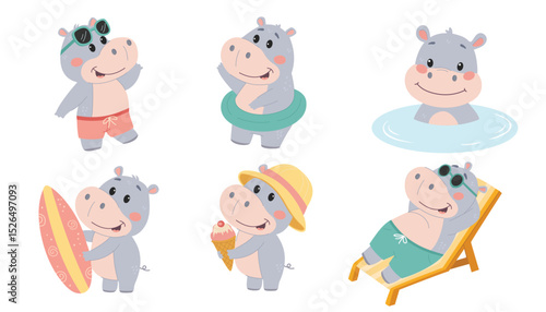Set of cute hippo characters.Summer, vacation, ice cream, surfing, pool, lounger. Flat vector illustration in simple children's style isolated on white background.