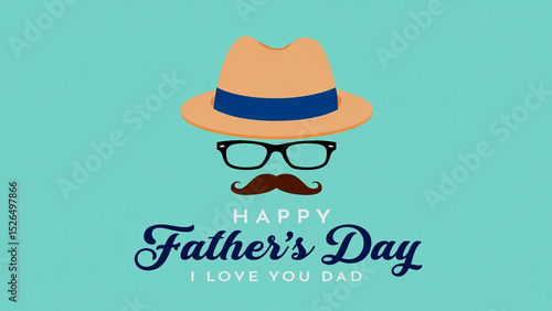 Colorful illustrated father's day greeting card with hat glasses and mustache on turquoise background