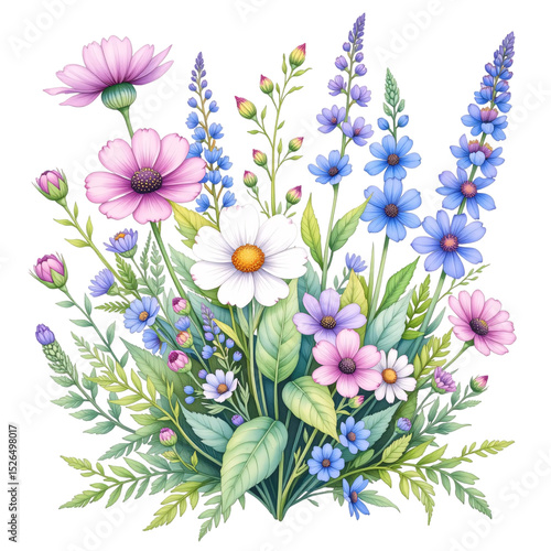 Vibrant spring flowers arrangement nature scene watercolor art calm environment aesthetic viewpoint floral concept