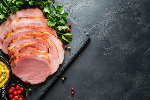 Sliced ham display on slate board with mustard and herbs gourmet food presentation culinary art stylish kitchen close-up deliciously crafted