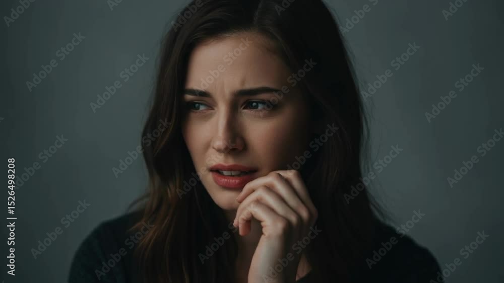 Young woman with a worried expression and hand to her mouth looks down in deep thought, conveying anxiety, uncertainty, or serious concern over challenging situations and mental well-being Young woman with a worried expression and hand to her mouth looks down in deep thought, conveying anxiety, uncertainty, or serious concern over challenging situations and mental well-being