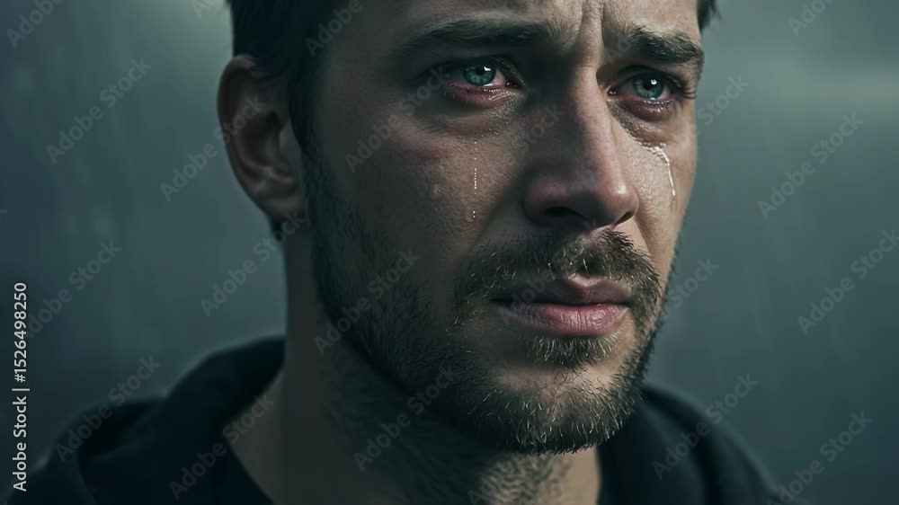 Man with teary eyes and tears streaming down his face looks out with profound sadness or grief, conveying intense emotional pain, loss, or heartbreak for mental health concepts Man with teary eyes and tears streaming down his face looks out with profound sadness or grief, conveying intense emotional pain, loss, or heartbreak for mental health concepts