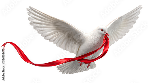 Dove with red ribbon on transparent background.