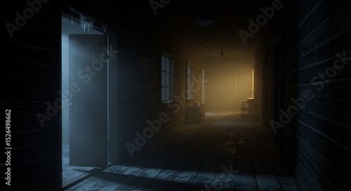 Eerie hallway with open door and icicles