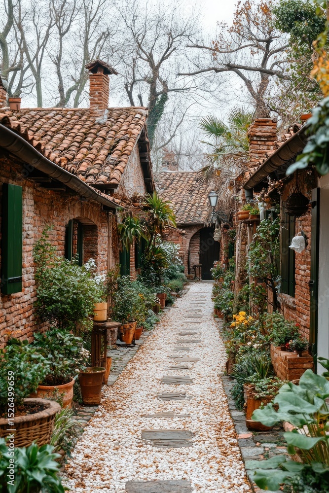 Idyllic Alleyway in Burano, Italy with Bricks and Flowers