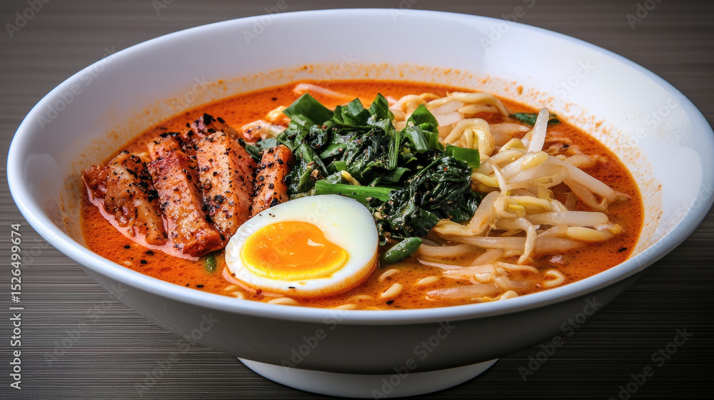 Spicy pork ramen with soft boiled egg, bean sprout, green vegetable, and rich broth in white bowl Spicy pork ramen with soft boiled egg, bean sprout, green vegetable, and rich broth in white bowl