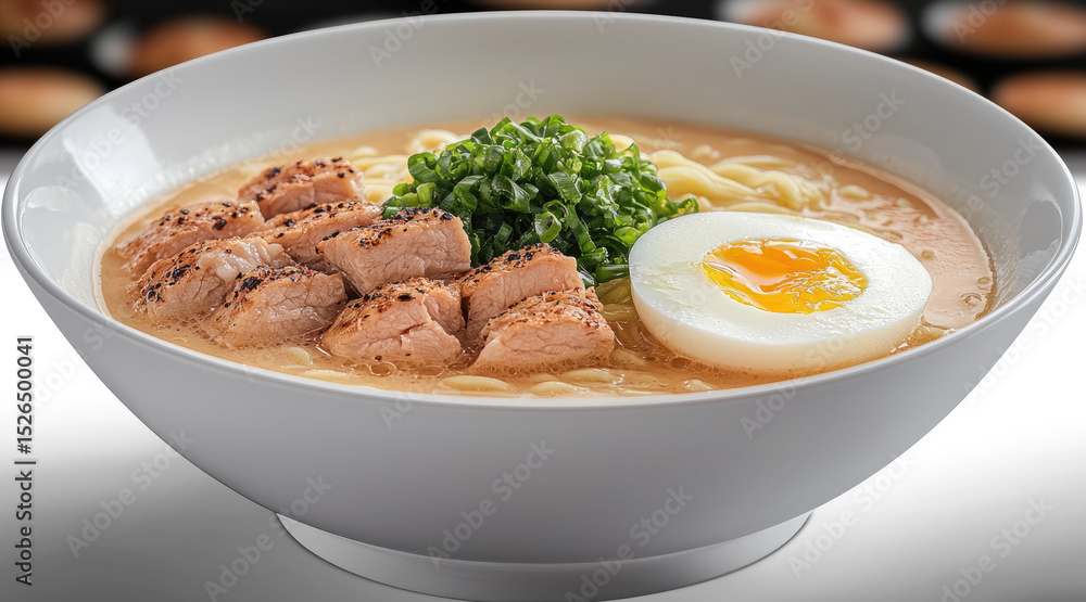 Spicy pork ramen with soft boiled egg, green onion, rich broth, and noodles in white bowl Spicy pork ramen with soft boiled egg, green onion, rich broth, and noodles in white bowl