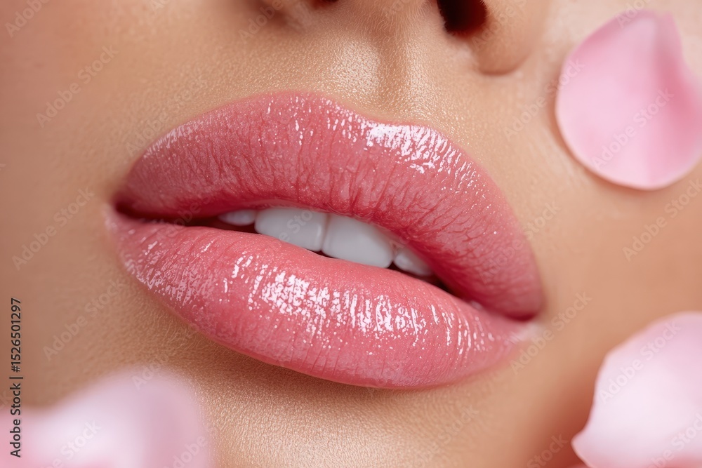 Obraz premium Close-Up of Glossy Pink Lips Surrounded by Soft Flower Petals