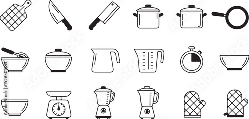 Food preparation — chopping board, knife, pot, pan, measuring cup, timer, bowl, scale, blender, oven mitt.