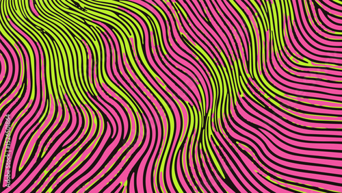Abstract vector illustration in Y2K style, featuring wavy organic shapes in neon pink, lime green, and black. This trendy modern design uses bold, fluid lines and vibrant, energetic color palettes.