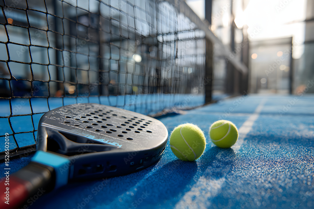 A realistic photo of a modern padel racket and yellow padel balls placed on a clean blue padel court surface A realistic photo of a modern padel racket and yellow padel balls placed on a clean blue padel court surface