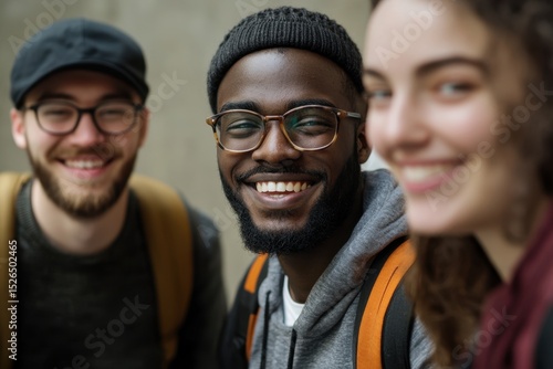 Diverse Friends Smiling Together Outdoors in Casual Attire.