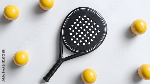 A realistic flat lay photo of neatly arranged padel equipment on a clean white background