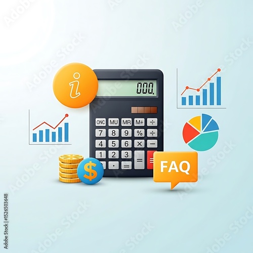 Calculator with Financial Icons, Charts, Coins, and FAQ on a Lig
