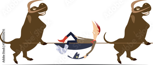 Injured farmer or cowboy. Two bulls with stretcher.
Two cartoon bulls carry injured farmer or cowboy with bandage on the leg in a stretcher
