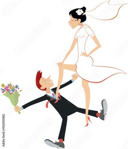 Arguing married wedding couple.
The end of bachelor life. An angry bride puts her foot on a chest of a lying bridegroom with a bunch of flowers
