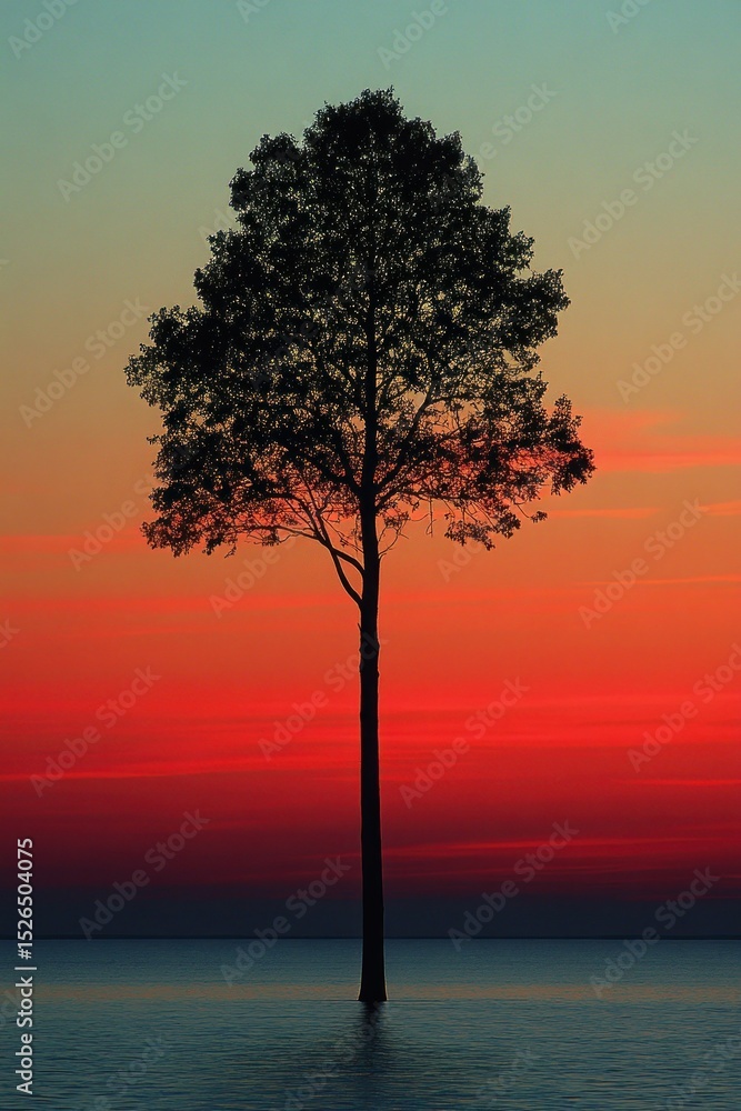 Fototapeta premium Lone Tree Silhouette at Dramatic Sunset by Water