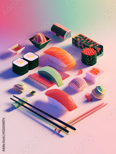 Minimalist 3D flat design poster featuring iconic sushi elements