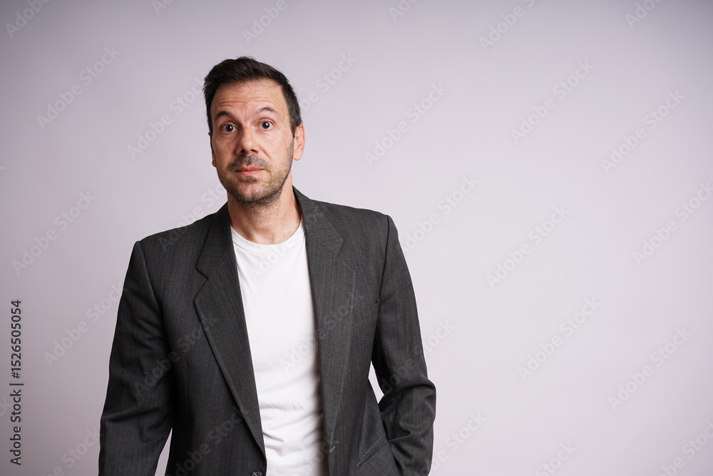 Male Model Showing Different Emotions on White Studio Background Male Model Showing Different Emotions on White Studio Background