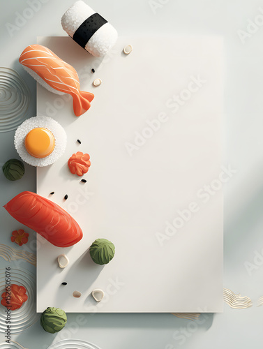 Minimalist 3D flat design poster featuring iconic sushi elements
