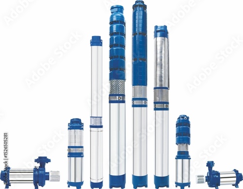 Submersible borehole pumps on exhibition, Set pumps with float. watering garden. Wells. Automatic water supply station. Homes, country village.