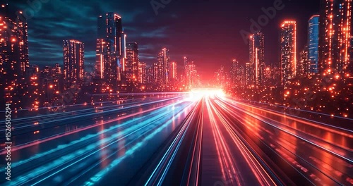 Illuminated city road with traffic lights and skyscrapers against a dark blue sky. Lights and long exposure effect. Modern urban cityscape