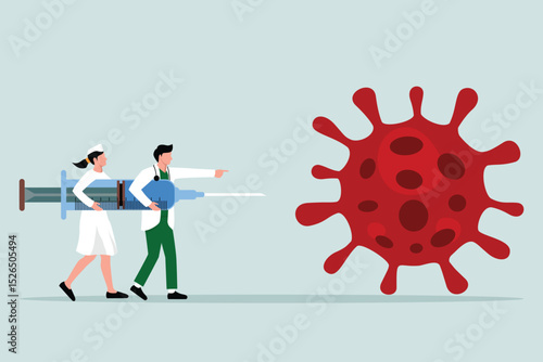 COVID-19 Virus Vaccine, syringe injection, prevention, immunization, cure and treatment for coronavirus infection, doctors carrying big syringe injecting COVID-19 Virus pathogen.