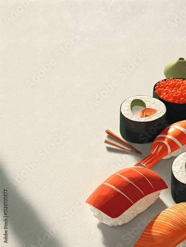 Minimalist 3D flat design poster featuring iconic sushi elements