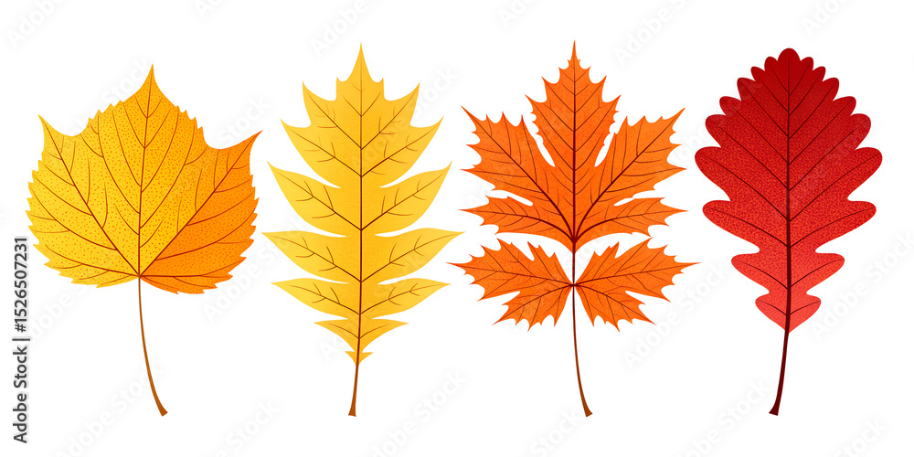 Fototapeta premium Autumn leaves collection from different trees - yellow, red, orange, flat vector illustration on white