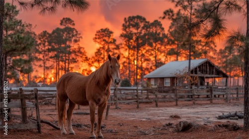 Brown Horse in a Rustic Setting at Sunset with Wildfire in Background