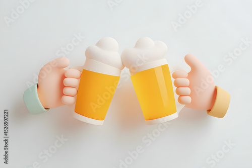 3D flat design poster illustration of two hands making a toast, each holding a glass filled with beer