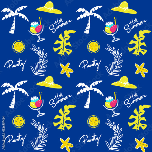 Blue Background Yellow Summer Retro Beach Pattern Template Illustration Vector