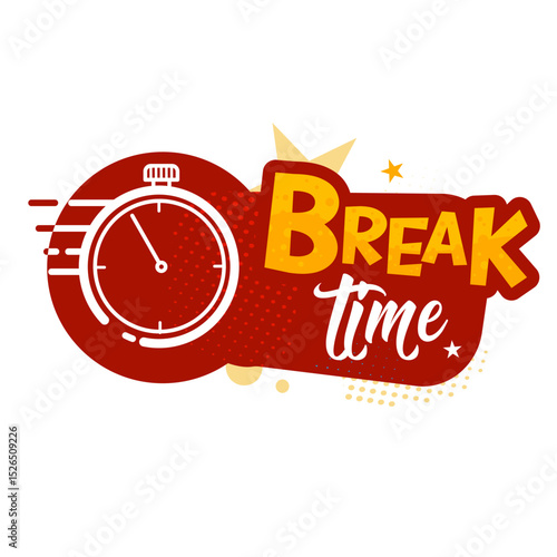 break time — colorful sticker, label, badge, vector illustration with alarm clock