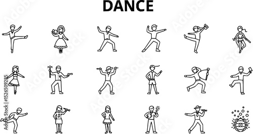 Dance line icon set. Vector pictograms of various people dancing styles - ballet, salsa, hip-hop, traditional folk, tango, jazz, samba, flamenco, disco freestyle thin linear illustration