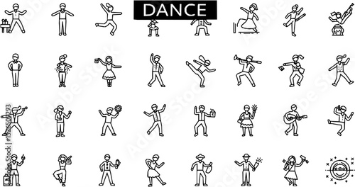 Dance line icon set. Vector pictograms of various people dancing styles - ballet, salsa, hip-hop, traditional folk, tango, jazz, samba, flamenco, disco freestyle thin linear illustration