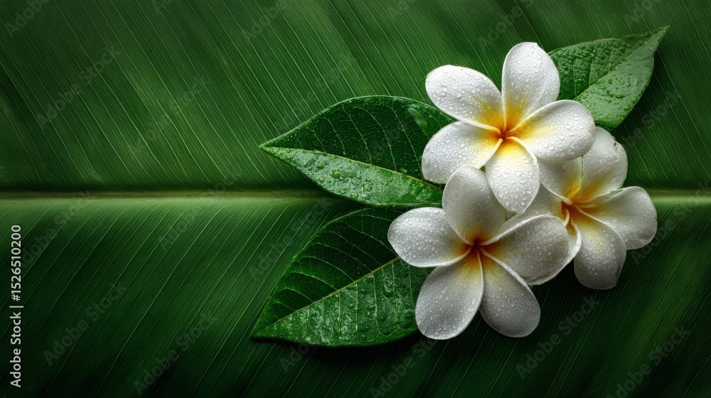 White Plumeria Flowers with Dew Drops on Green Leaves White Plumeria Flowers with Dew Drops on Green Leaves