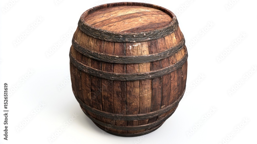 Obraz premium A wooden barrel with a wooden lid, placed on a white surface. The barrel has a rustic, aged appearance with visible signs of wear and tear