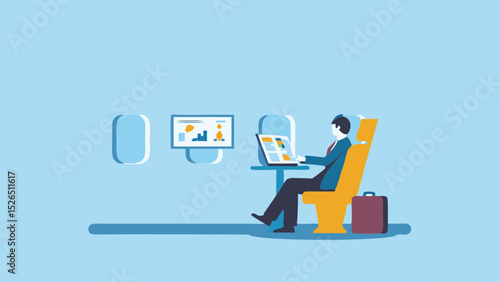 Business Travel Success Modern Businessman Working On Laptop in Airplane Seat Chart Analysis Sky High