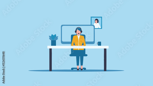 Remote Work Support Woman at Desk with Headset Virtual Meeting Customer Service Agent Vector Illustration and