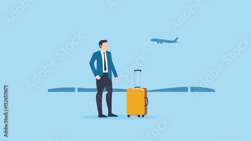 Airport Departure Illustration Businessman with Luggage Awaiting Flight Travel Business Trip and Modern Travel
