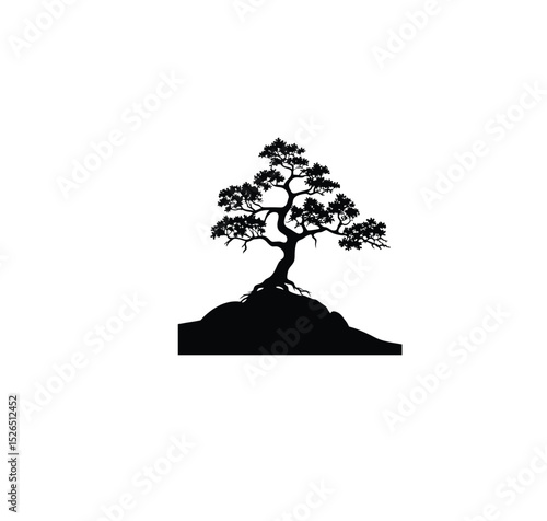A tree growing on a rocky hilltop silhouette on white background